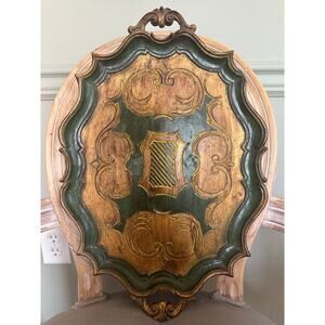 Vintage Italian Florentine Handled Tray Scalloped Edge Oval Green & Gold Gild